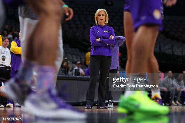 Head coach Kim Mulkey of the LSU Lady Tigers looks on during practice before the 2023 NCAA Women's Final Four semifinal game at American Airlines...