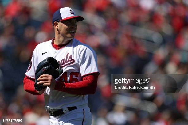 Starting pitcher Patrick Corbin of the Washington Nationals walks off of the mound after the third out of the first inning against the Atlanta Braves...