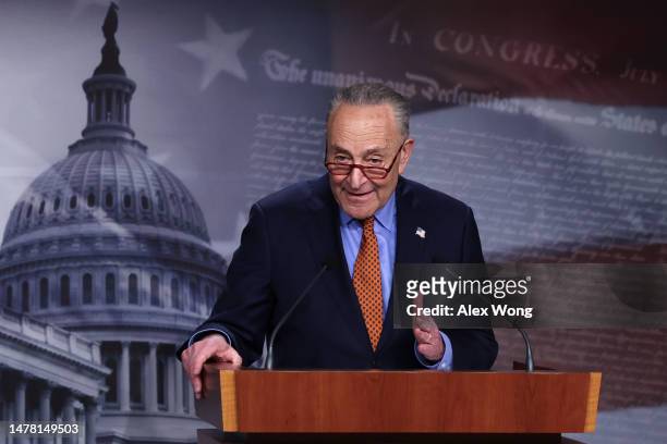 Senate Majority Leader Sen. Chuck Schumer speaks during a news conference at the U.S. Capitol on March 30, 2023 in Washington, DC. Sen. Schumer held...