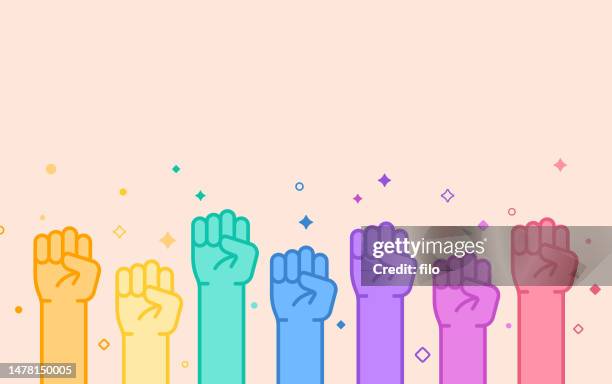 lgbtqia+ hands raised human rights design background - punching the air stock illustrations