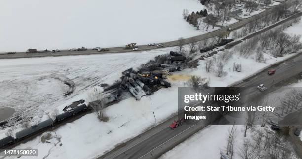 The scene today after a BNSF train carrying ethanol and corn syrup derailed and caught fire in the west-central Minnesota town of Raymond early...