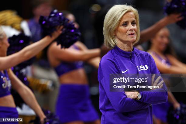 Head coach Kim Mulkey of the LSU Lady Tigers looks on during practice before the 2023 NCAA Women's Final Four semifinal game at American Airlines...