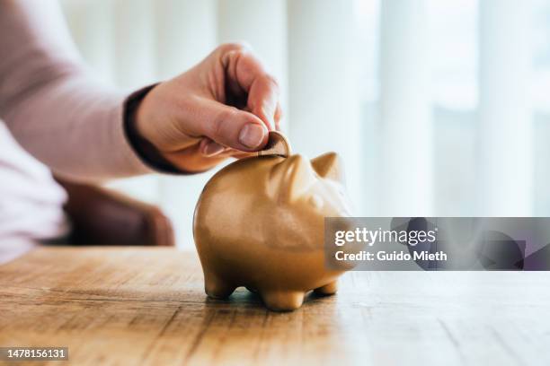 woman putting a one euro coin in a golden piggy bank. - piggy bank stock pictures, royalty-free photos & images