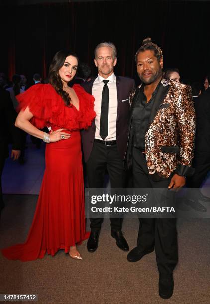 Danielle Bisutti, Adam J. Harrington and Christopher Judge attend the 2023 BAFTA Games Awards Champagne Reception at the Queen Elizabeth Hall on...