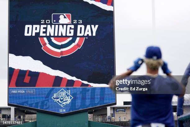 Melendez of the Kansas City Royals takes batting practice prior to a game against the Minnesota Twins on Opening Day at Kauffman Stadium on March 30,...