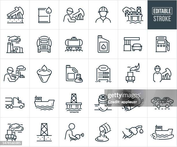 petroleum and oil production industry thin line icons - editable stroke - refuelling stock illustrations