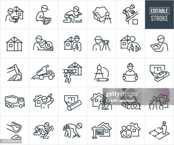 ilustraciones, imágenes clip art, dibujos animados e iconos de stock de nuevos iconos de línea delgada de construcción de viviendas - trazo editable - construction icon