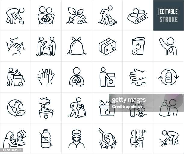 environmental cleanup and conservation thin line icons - editable stroke - garbage bin stock illustrations