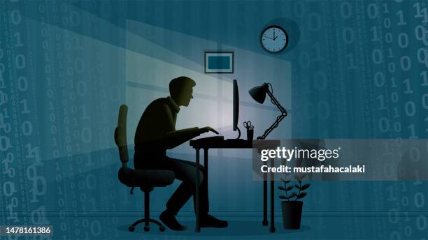 stockillustraties, clipart, cartoons en iconen met young man at the office writing binary codes in the dark - effort