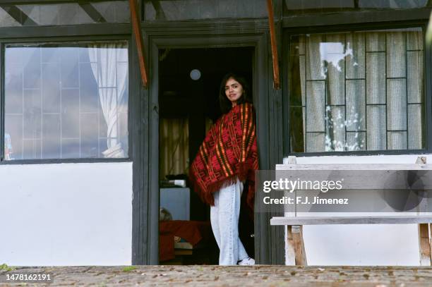 south american woman at home door - ecuadorian ethnicity stock pictures, royalty-free photos & images