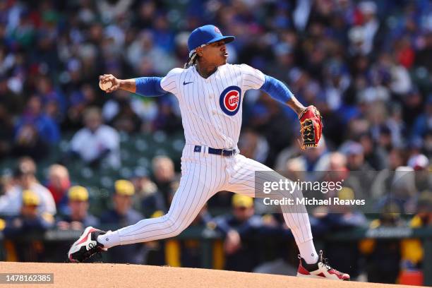 Marcus Stroman of the Chicago Cubs delivers a pitch during the first inning against the Milwaukee Brewers at Wrigley Field on March 30, 2023 in...