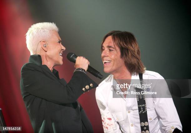 Marie Fredriksson and Per Gessle of Roxette performs on stage at SECC on July 3, 2012 in Glasgow, United Kingdom.