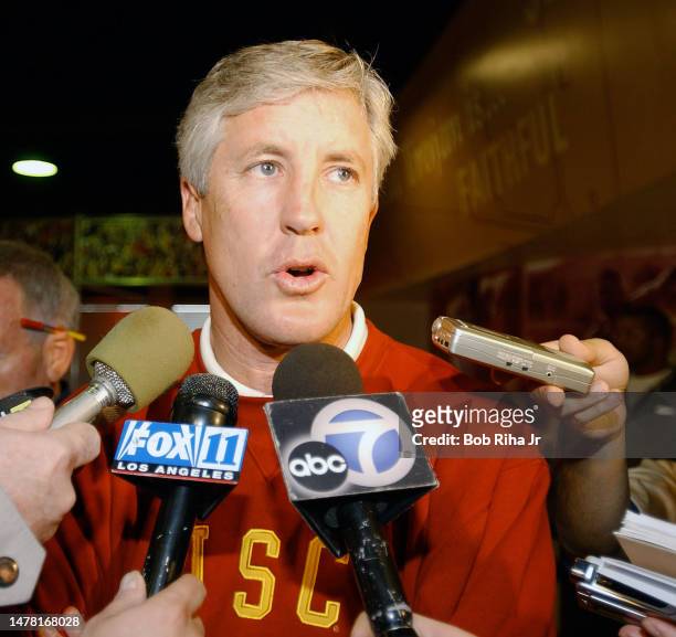 University of Southern California Football Head Coach Pete Carroll talks with the media after it was announced that USC will be playing in upcoming...