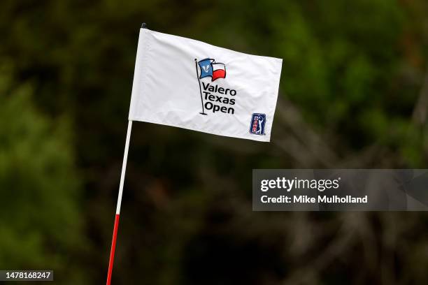 Detail view of a flag pin on the second green during the first round of the Valero Texas Open at TPC San Antonio on March 30, 2023 in San Antonio,...