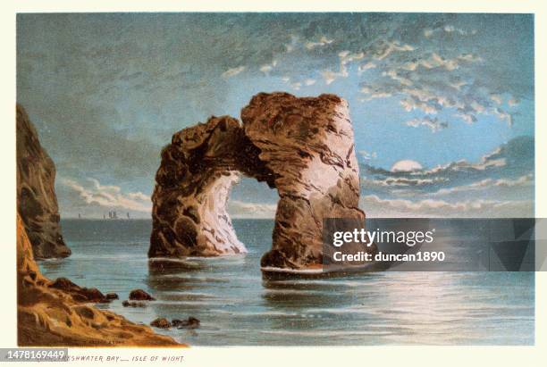 arched rock formation, freshwater bay, the isle of wight, victorian landscape art 19th century - freshwater bay isle of wight 幅插畫檔、美工圖案、卡通及圖標