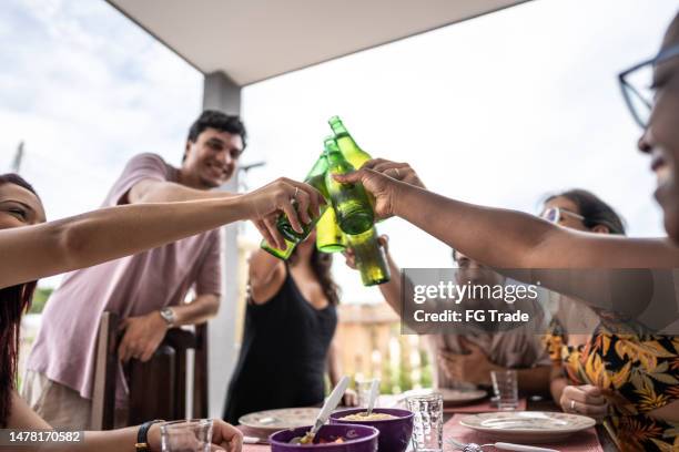 friends toasting a beer on a barbecue at home - beer cheers stock pictures, royalty-free photos & images