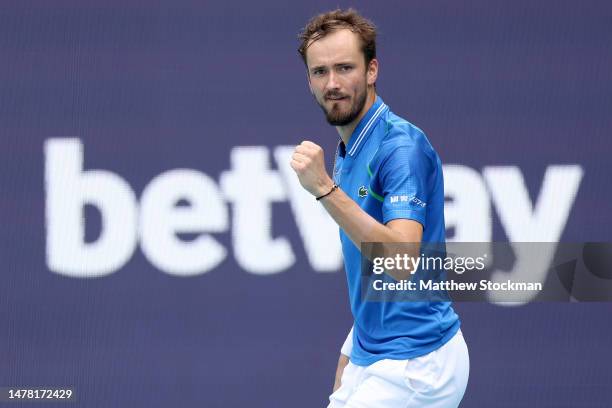 Daniil Medvedev of Russia celebrates while playing Christopher Eubanks of the United States during the quarterfinals of the Miami Open at Hard Rock...