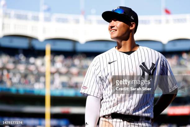 Anthony Volpe of the New York Yankees looks on after the ninth inning against the San Francisco Giants on Opening Day at Yankee Stadium on March 30,...