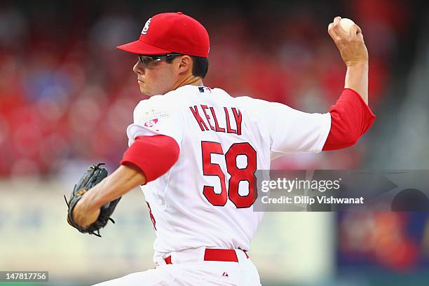 Starter Joe Kelly of the St. Louis Cardinals pitches against the Colorado Rockies at Busch Stadium on July 3, 2012 in St. Louis, Missouri.