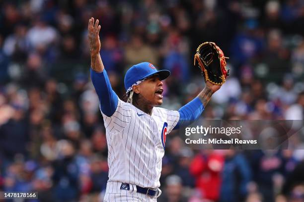 Marcus Stroman of the Chicago Cubs celebrates after retiring the side in the sixth inning against the Milwaukee Brewers at Wrigley Field on March 30,...