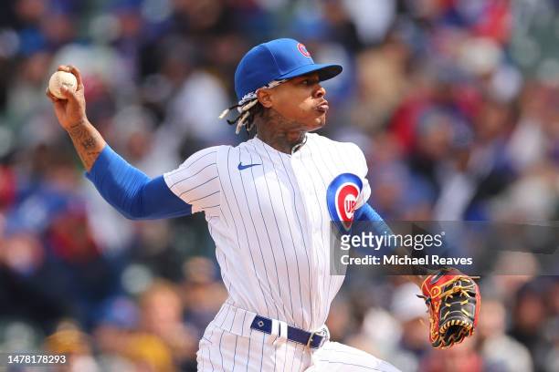Marcus Stroman of the Chicago Cubs delivers a pitch against the Milwaukee Brewers during the fourth inning at Wrigley Field on March 30, 2023 in...