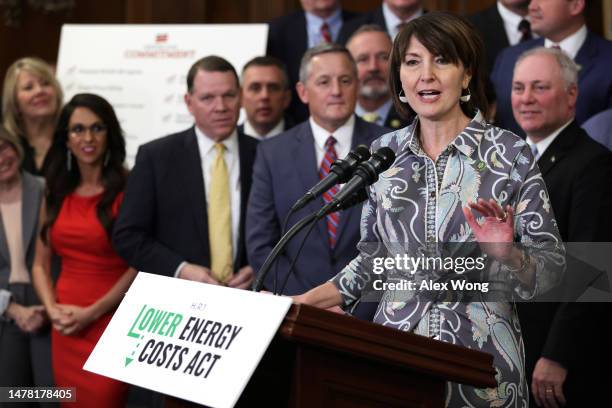 Rep. Cathy McMorris Rodgers speaks as other House Republicans listen during a news conference after the vote for H.R.1 – Lower Energy Costs Act at...
