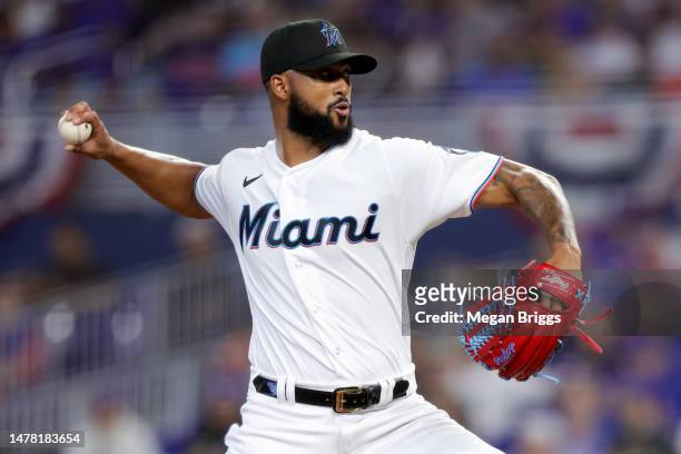 Sandy Alcantara of the Miami Marlins delivers a pitch against the New York Mets during the first inning on Opening Day at loanDepot park on March 30,...