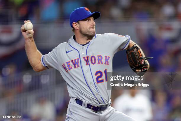 Max Scherzer of the New York Mets delivers a pitch against the Miami Marlins during the first inning on Opening Day at loanDepot park on March 30,...