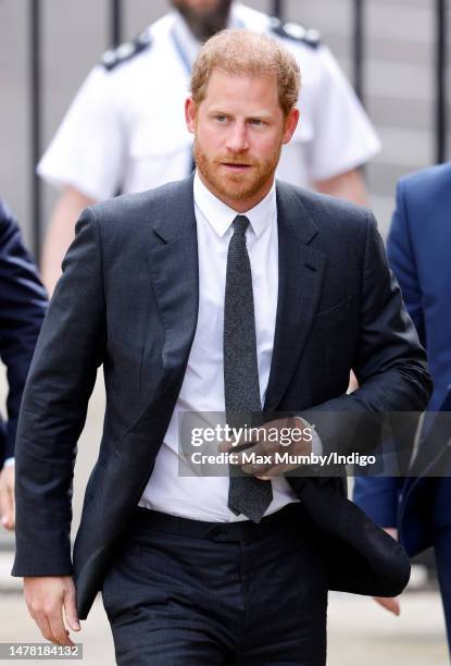 Prince Harry, Duke of Sussex arrives at the Royal Courts of Justice on March 30, 2023 in London, England. Prince Harry is one of several claimants in...