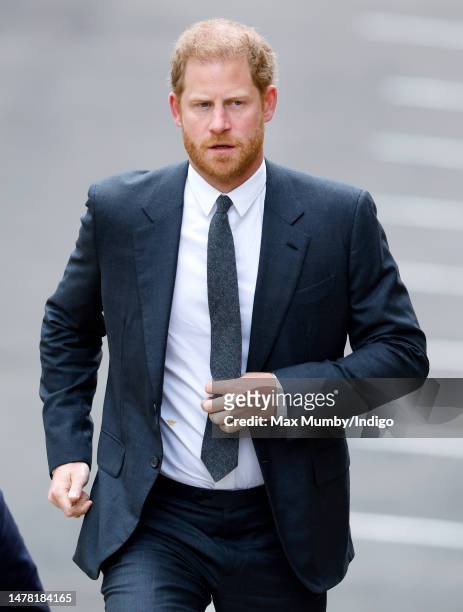 Prince Harry, Duke of Sussex arrives at the Royal Courts of Justice on March 30, 2023 in London, England. Prince Harry is one of several claimants in...