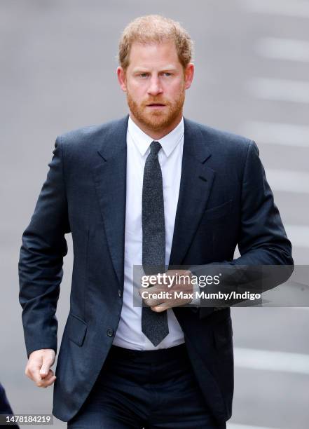 Prince Harry, Duke of Sussex arrives at the Royal Courts of Justice on March 30, 2023 in London, England. Prince Harry is one of several claimants in...