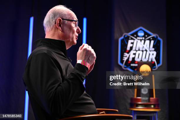 Head coach Jim Larranaga of the Miami Hurricanes speaks during media availability for the Final Four as part of the NCAA Men's Basketball Tournament...