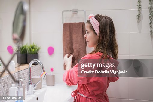 Hand Drying Routine Girl Drying Hands After Night Beauty Routine High-Res Stock Photo ...