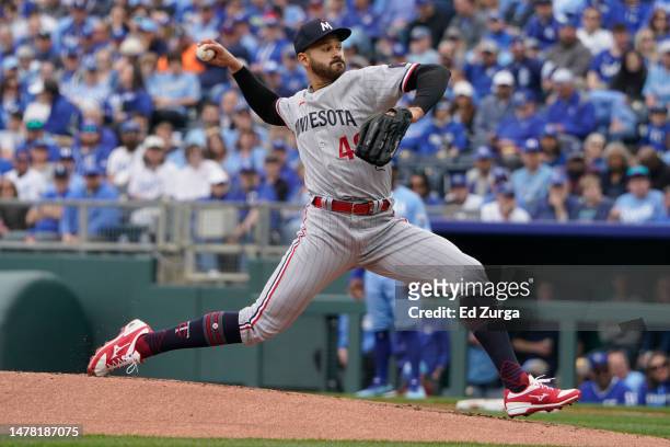 Starting pitcher Pablo Lopez of the Minnesota Twins throws in the first inning against the Kansas City Royals on Opening Day at Kauffman Stadium on...
