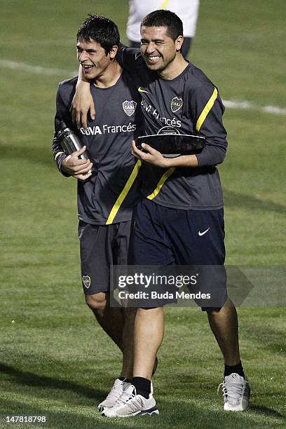 Argentinian Boca Juniors' Juan Roman Riquelme during a training session at Pacaembu stadium, on July 03, 2012 in Ibirapuera, Sao Paulo, Brazil. Boca...