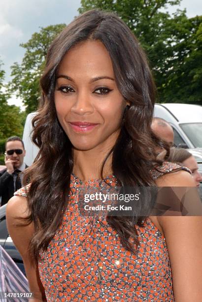 Zoe Saldana attends the Giorgio Armani Prive: Arrivals - Paris Fashion Week Haute Couture F/W 2013 at the Palais de Chaillot on July 3, 2012 in...