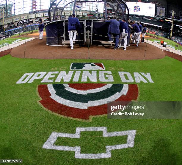 The Opening Day logo is seen as the Houston Astros play the Chicago White Sox at Minute Maid Park on March 30, 2023 in Houston, Texas.