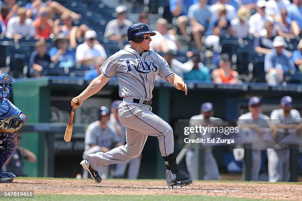 Brooks Conrad of the Tampa Bay Rays bats against the Kansas City Royals at Kauffman Stadium on June 27, 2012 in Kansas City, Missouri.