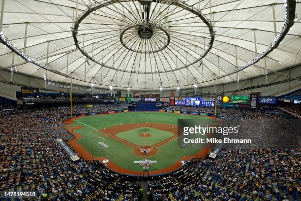 General view during a game between the Tampa Bay Rays and the Detroit Tigers on Opening Day at Tropicana Field on March 30, 2023 in St Petersburg,...