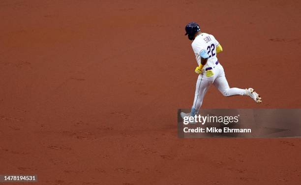 Jose Siri of the Tampa Bay Rays is congratulated after hitting a home run in the third inning during a game against the Detroit Tigers on Opening Day...