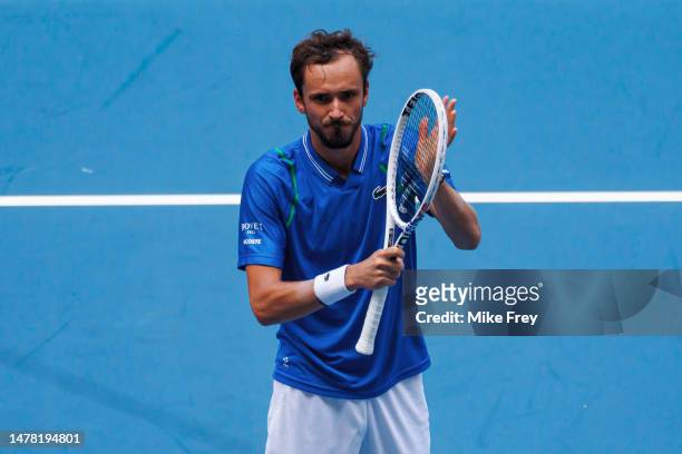 Daniil Medvedev of Russia celebrates his victory over Christopher Eubanks of the United States in the quarter-finals of the men's singles in the...