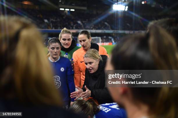 Emma Hayes, Manager of Chelsea speaks to her players at half time of extra time during the UEFA Women's Champions League quarter-final 2nd leg match...