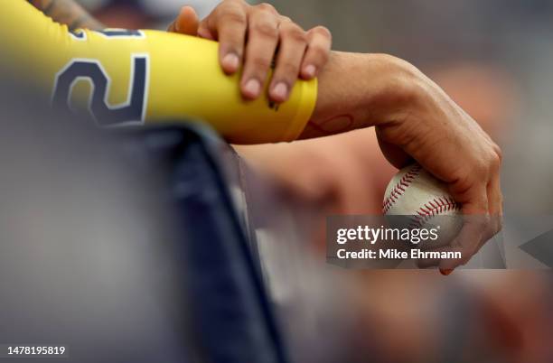 Francisco Mejia of the Tampa Bay Rays looks on during a game against the Detroit Tigers on Opening Day at Tropicana Field on March 30, 2023 in St...