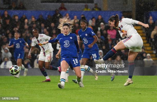 Sara Daebritz of Olympique Lyonnais scores the team's second goal during the UEFA Women's Champions League quarter-final 2nd leg match between...