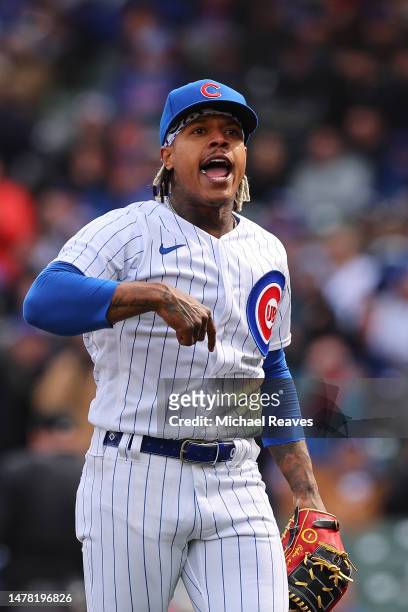 Marcus Stroman of the Chicago Cubs celebrates after retiring the side in the sixth inning against the Milwaukee Brewers at Wrigley Field on March 30,...
