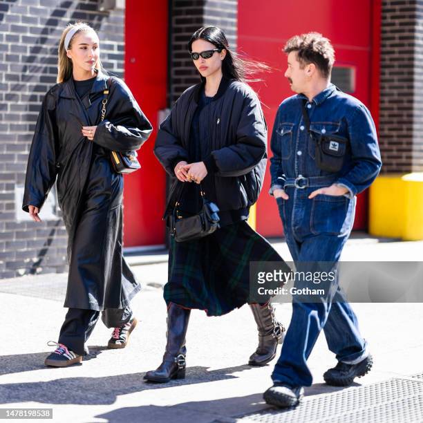 Heather Blair, Amelia Hamlin and Charlie Le Mindu are seen in the SoHo on March 30, 2023 in New York City.