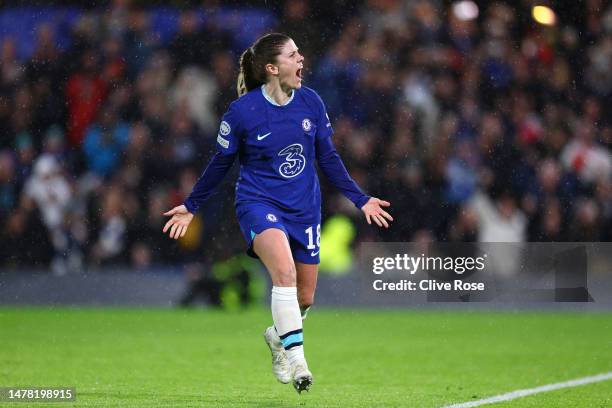 Maren Mjelde of Chelsea celebrates after scoring the team's first goal from a penalty during the UEFA Women's Champions League quarter-final 2nd leg...