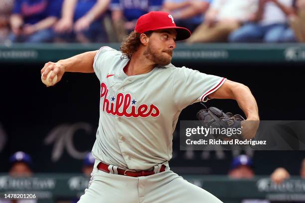 Aaron Nola of the Philadelphia Phillies pitches in the second inning against the Texas Rangers in the Opening Day game at Globe Life Field on March...