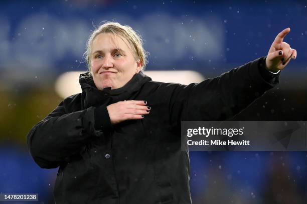 Emma Hayes, Manager of Chelsea, celebrates victory following the UEFA Women's Champions League quarter-final 2nd leg match between Chelsea FC and...