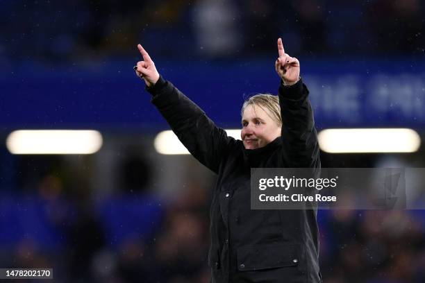 Emma Hayes, Manager of Chelsea, celebrates victory following the UEFA Women's Champions League quarter-final 2nd leg match between Chelsea FC and...